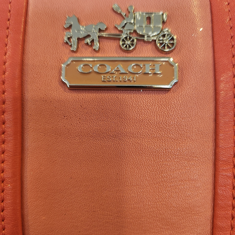 Coach Dark Peach And Light Melon Striped Leather Tote Bag GUC - Picture 2 of 11